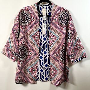 Chico's Women’s Kimono Sz 1 US 8 M Open-Front Jacket Art To Wear Silky Bold NWT